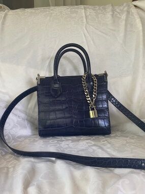 THE KOOPLES Ming Bag • Navy Croc-Embossed Calfskin Leather • Chain & Padlock